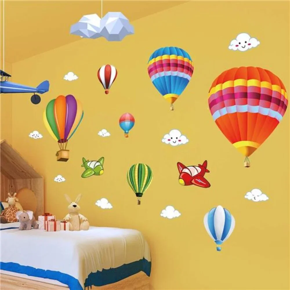 Removable Creative 3D Hot airBalloon Aircraft &Smile Clouds WallDecals Kids room